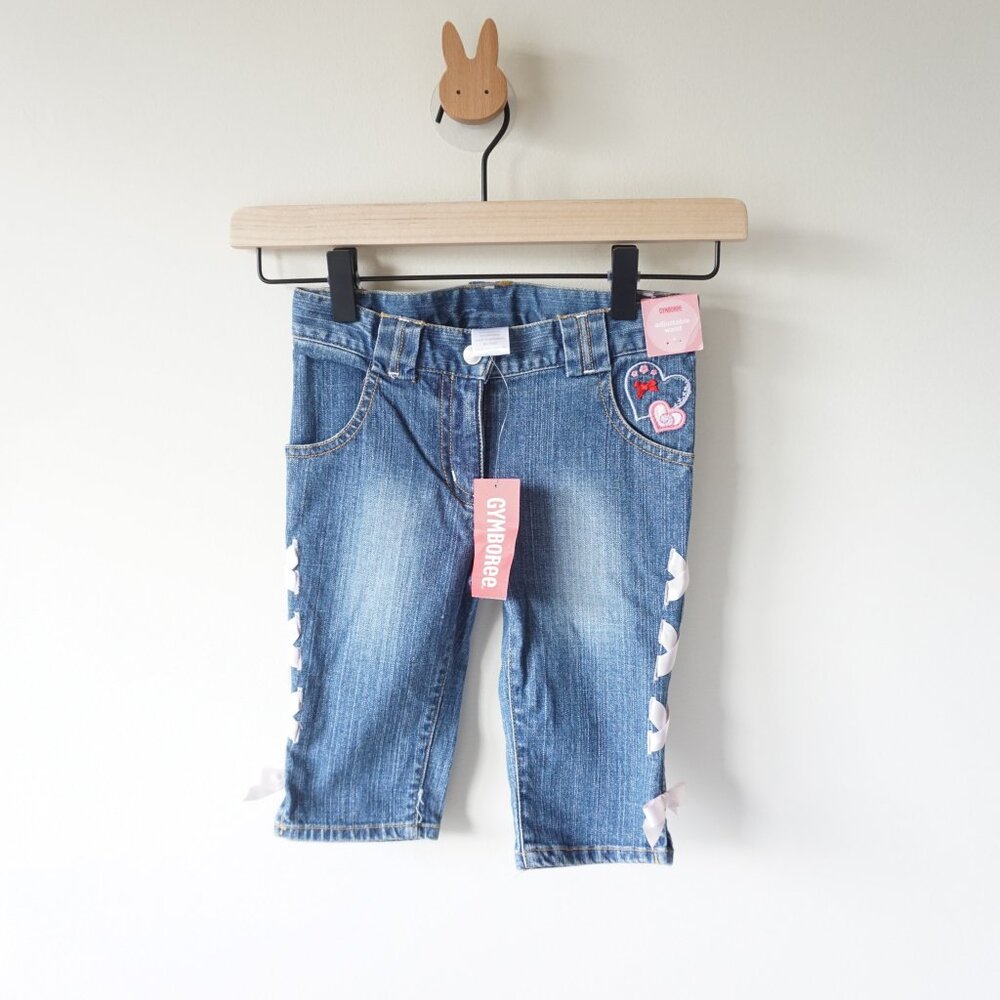 NEW Gymboree Y2K Embroidered Heart Denim Capri Jeans Ribbon Accent Blue Girls 4